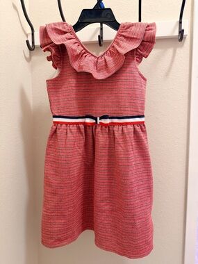 Janie and Jack Coral Ruffle Neck Dress with Striped Bow Waist